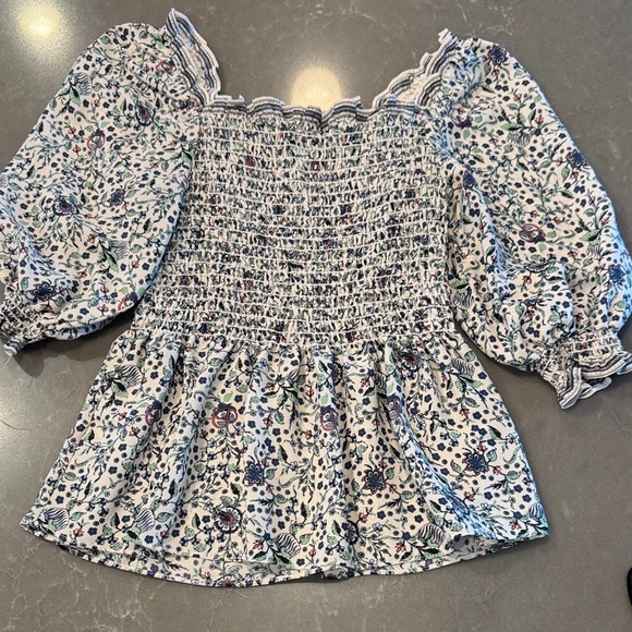 Max Studio Tops - Max Studio White Smocked Peasant Blouse with Blue and Green Floral Print